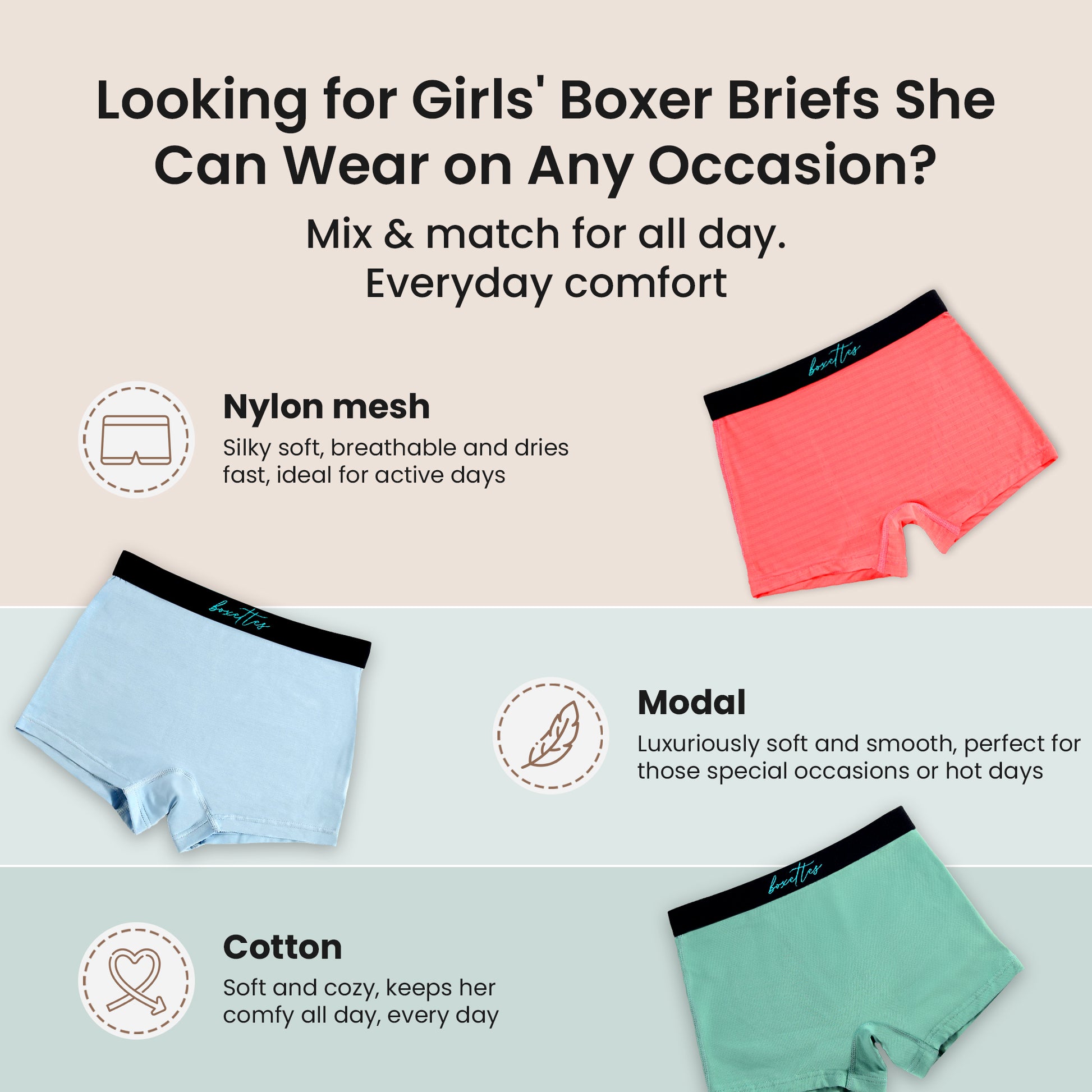 Graphic explaining girls boxer briefs fabric types nylon mesh modal and cotton by Boxettes