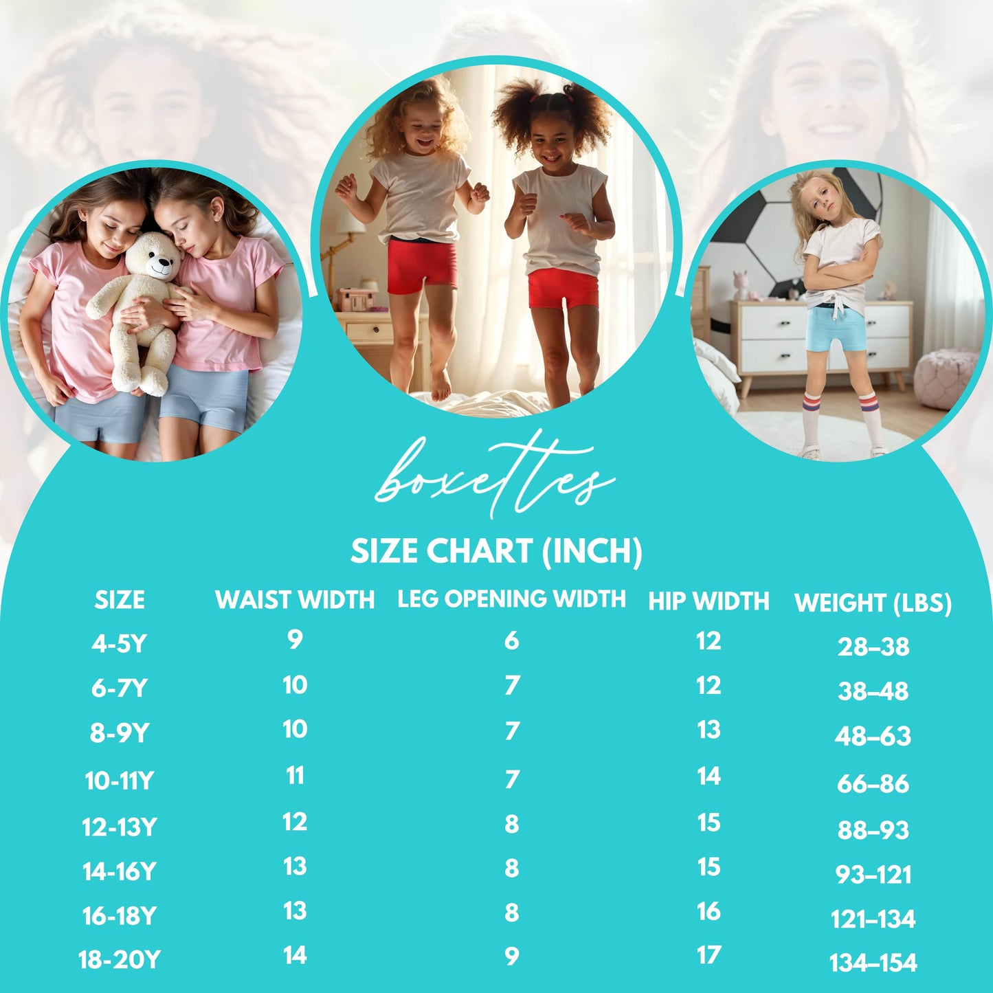 Boxettes size chart for children with images of children wearing the product.