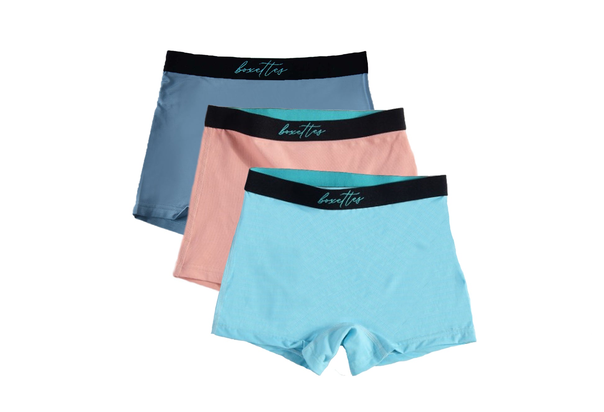 Multi-color girls boxer briefs arranged in a trio pack with comfort waistbands