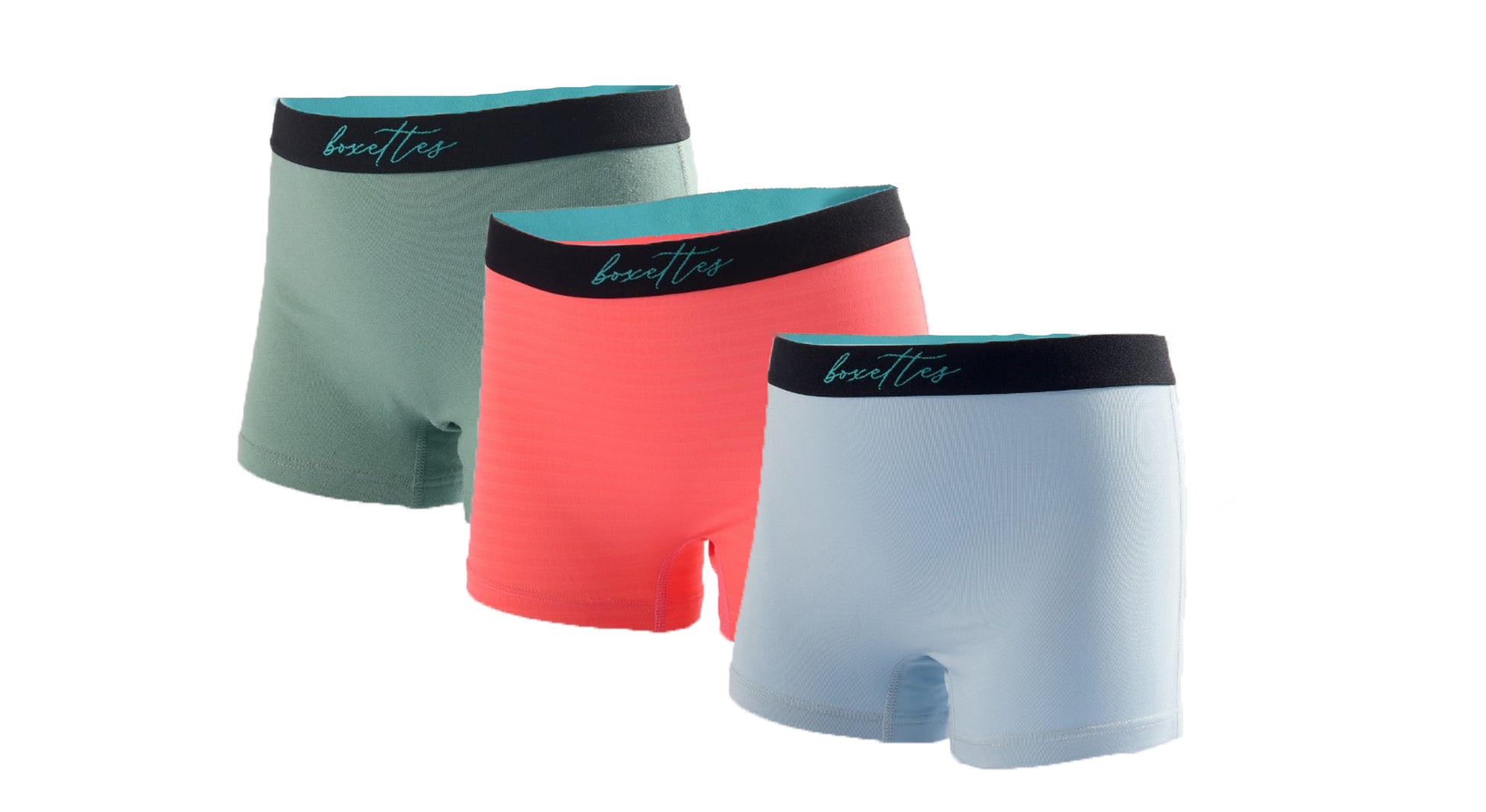 Three multicolor girls boxer briefs from Boxettes showing comfort waist design