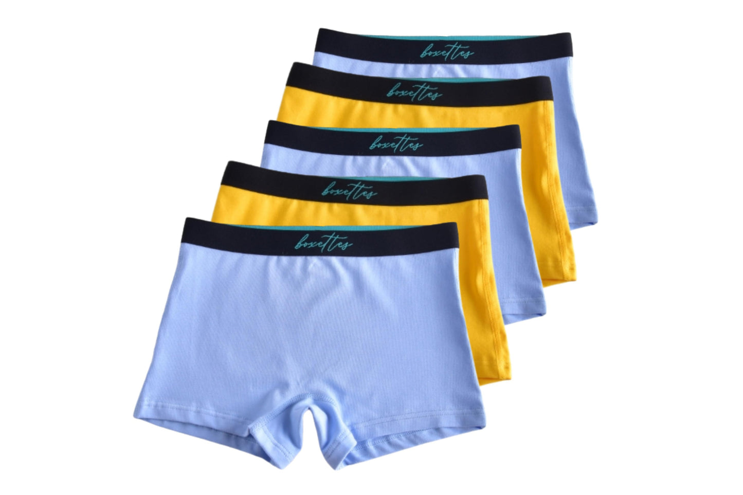 Girls modal boxer briefs 5 pack in blue and yellow by Boxettes