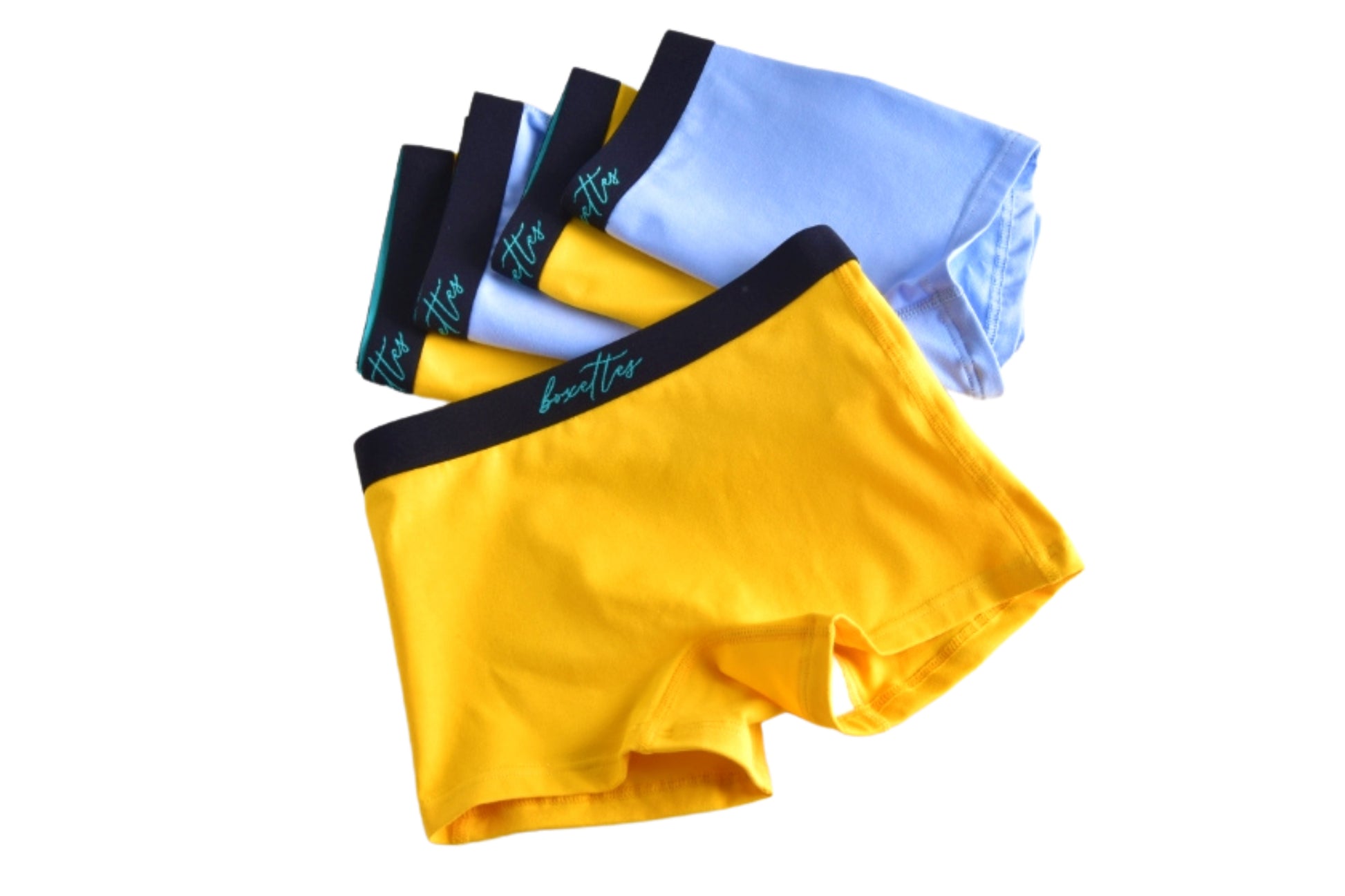 Girls boxer briefs 5 pack with yellow front pair and light blue pairs by Boxettes