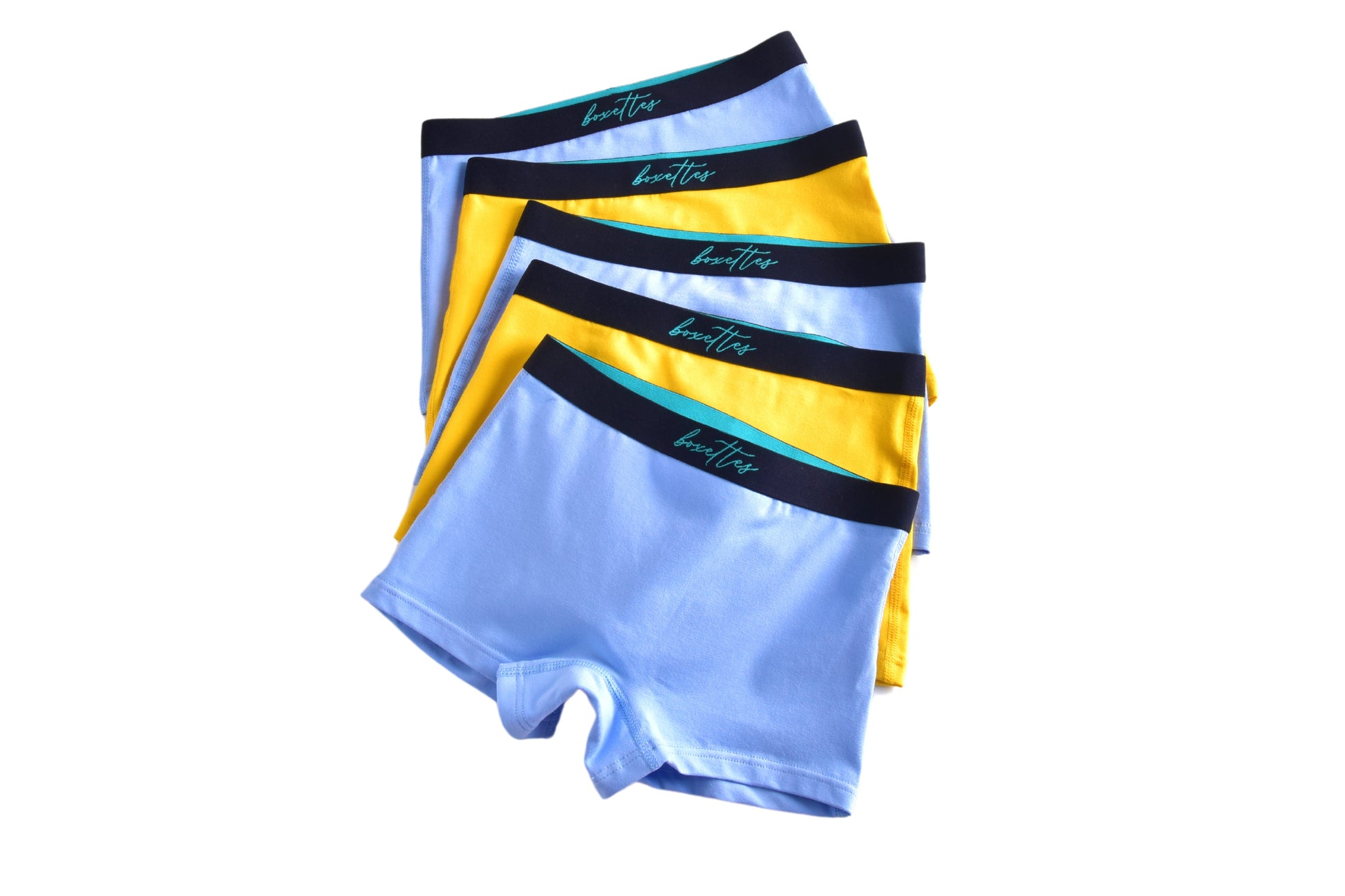 Girls modal boxer briefs 5 pack in blue and yellow top view by Boxettes