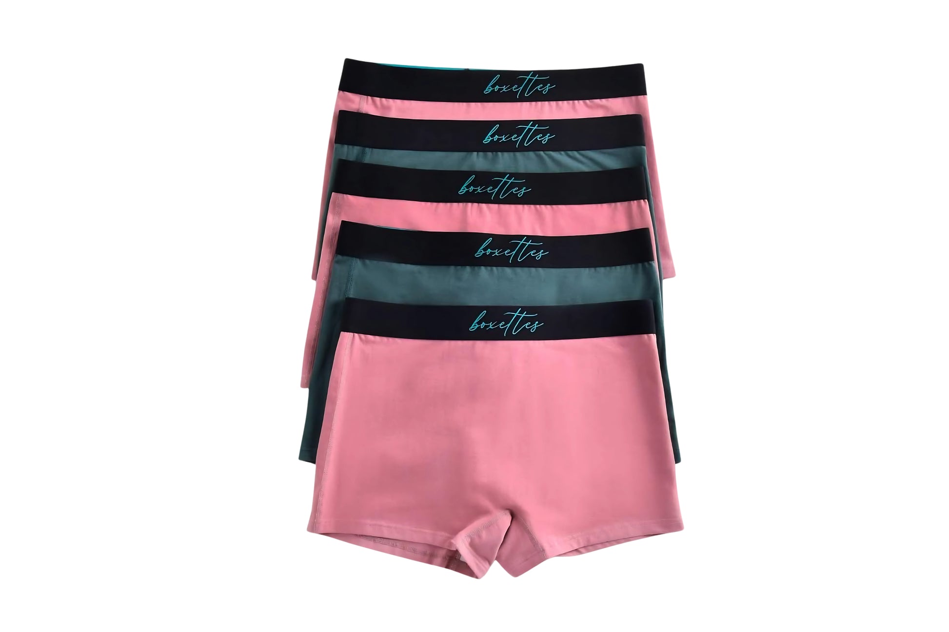 Three pairs of pink and black striped underwear on a white background