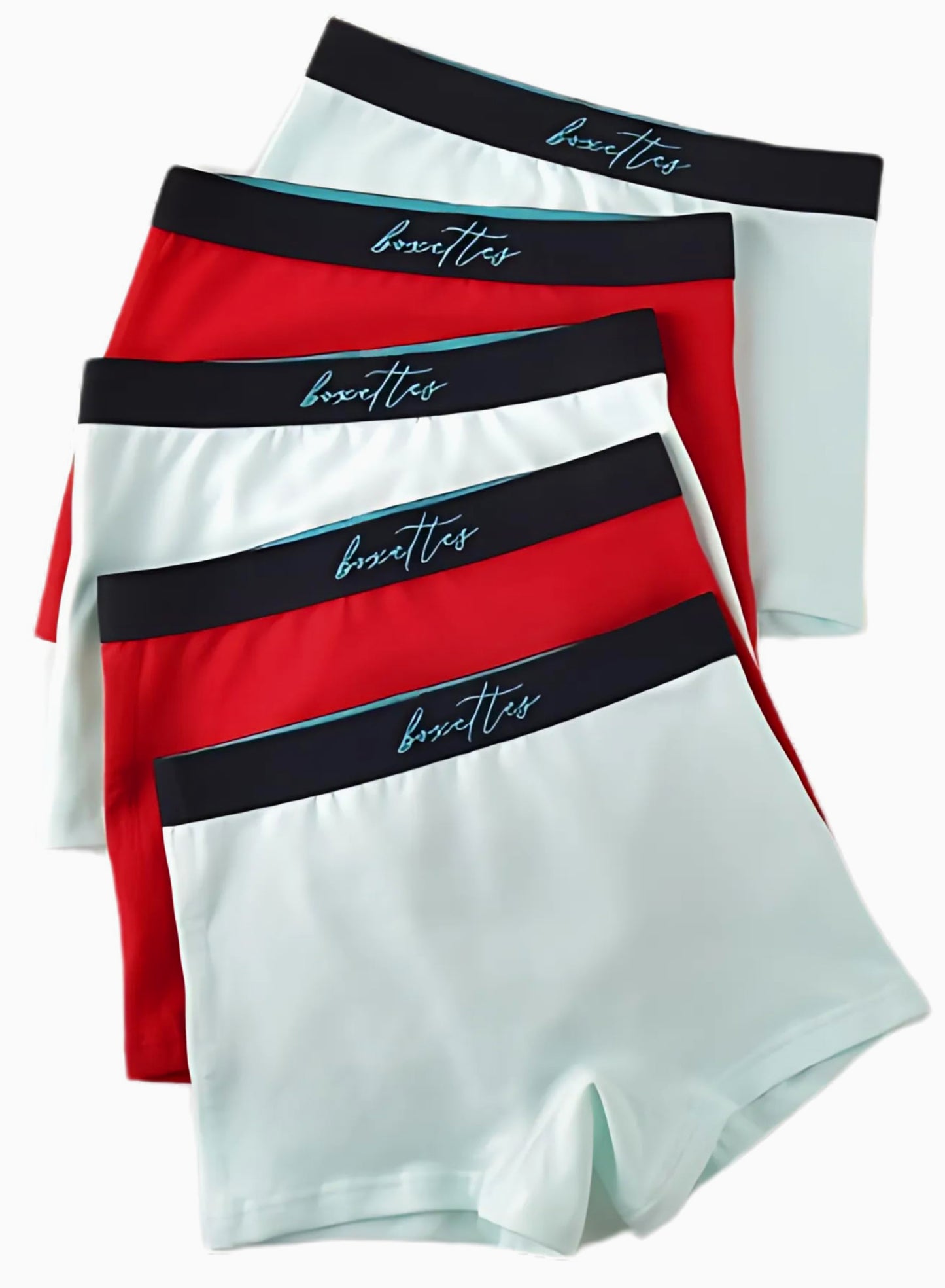 Girls modal boxer briefs 5 pack in red and white stacked top view by Boxettes