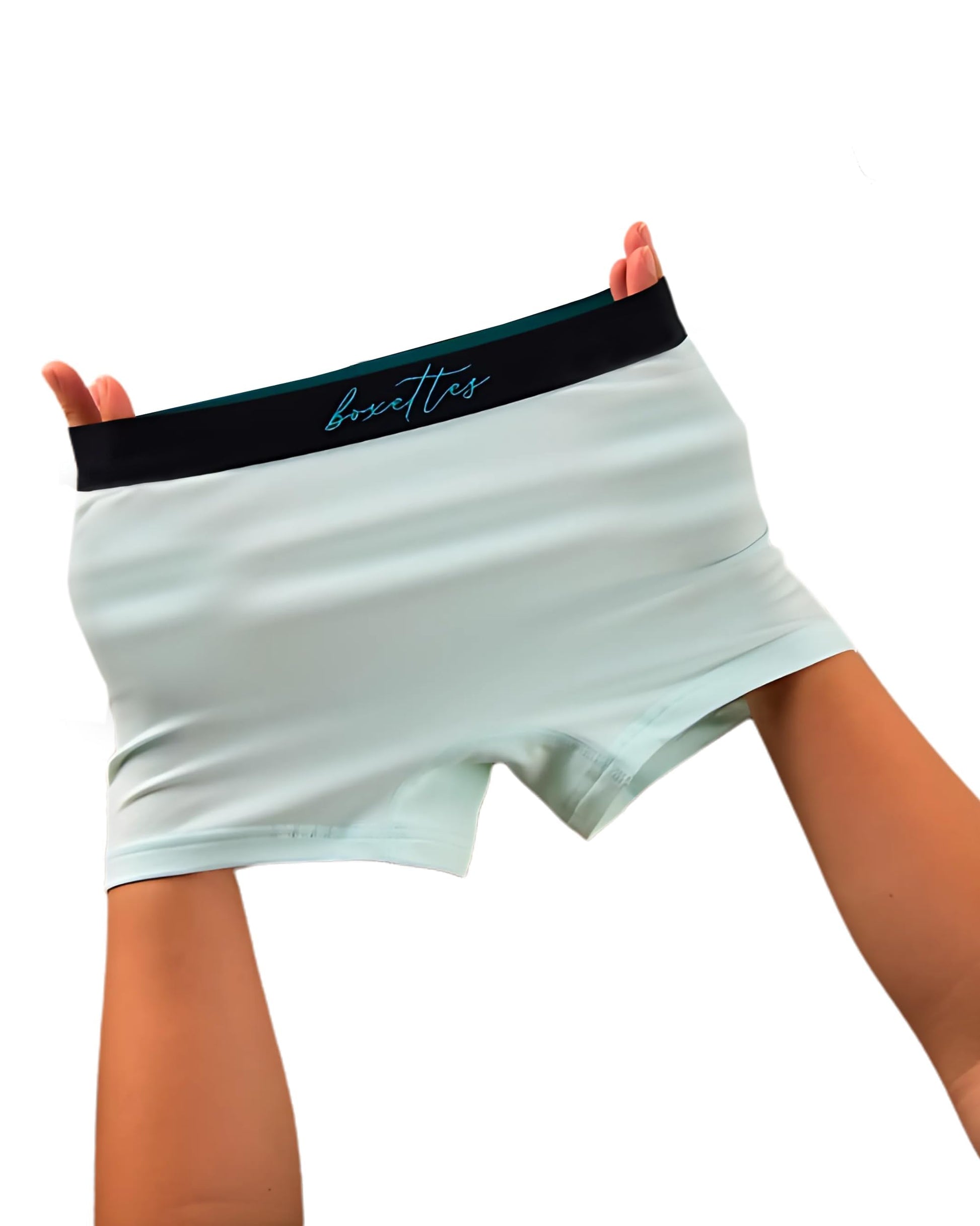 Girls light mint modal boxer briefs held up by hands Boxettes