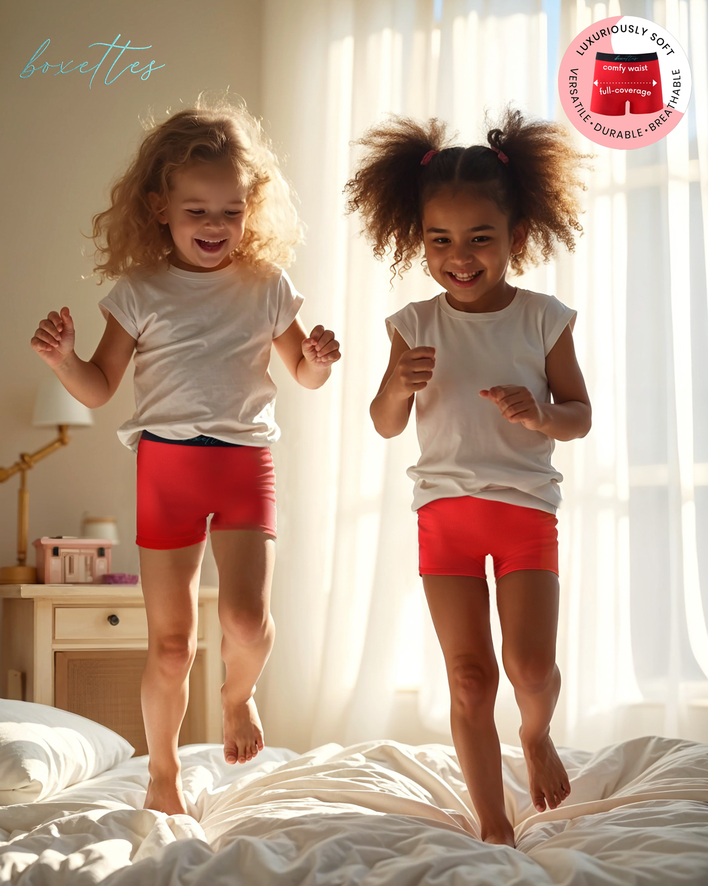 Two children in red underwear jumping on a bed with a visible brand logo in the corner.