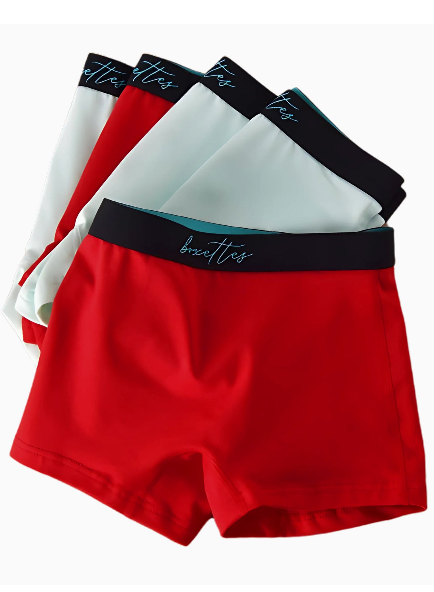 Girls modal boxer briefs pack featuring red front pair and white pairs behind by Boxettes