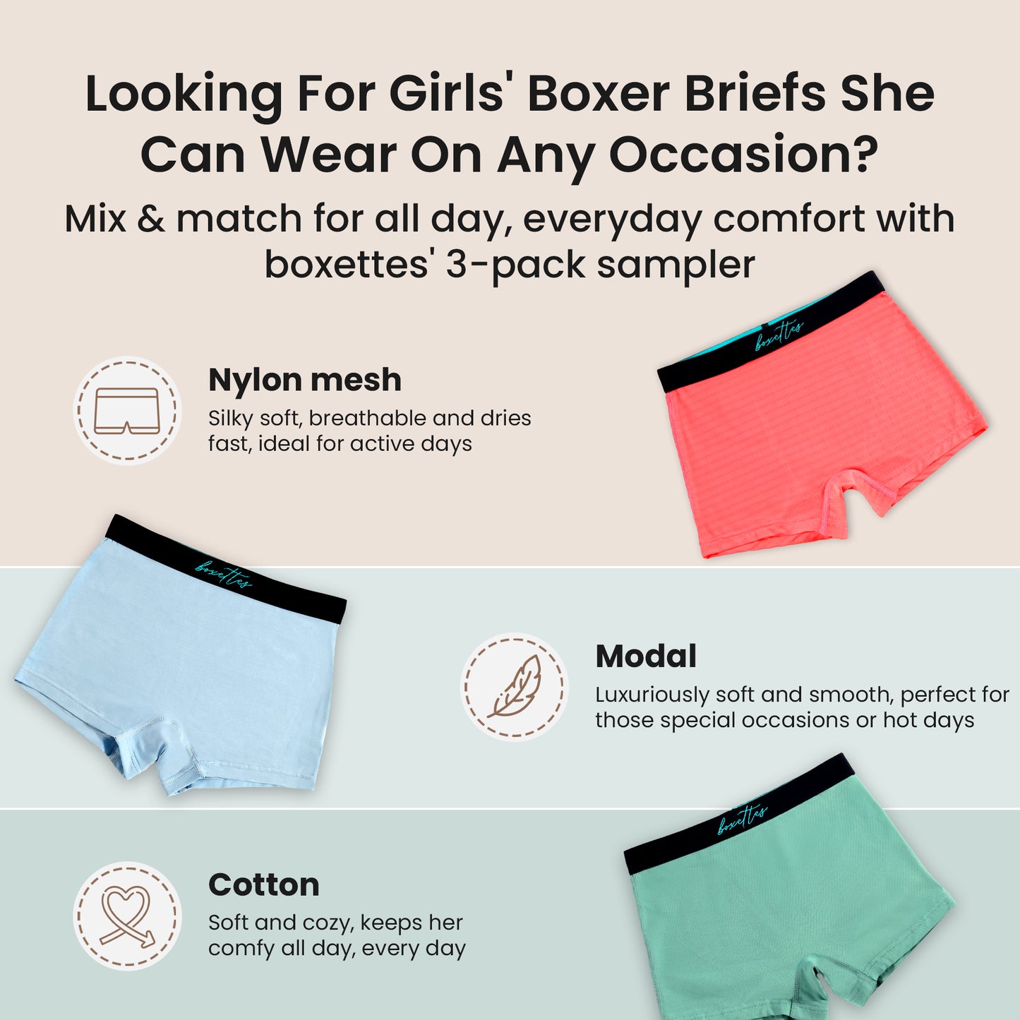 Infographic showing nylon mesh modal and cotton girls boxer briefs with features from Boxettes