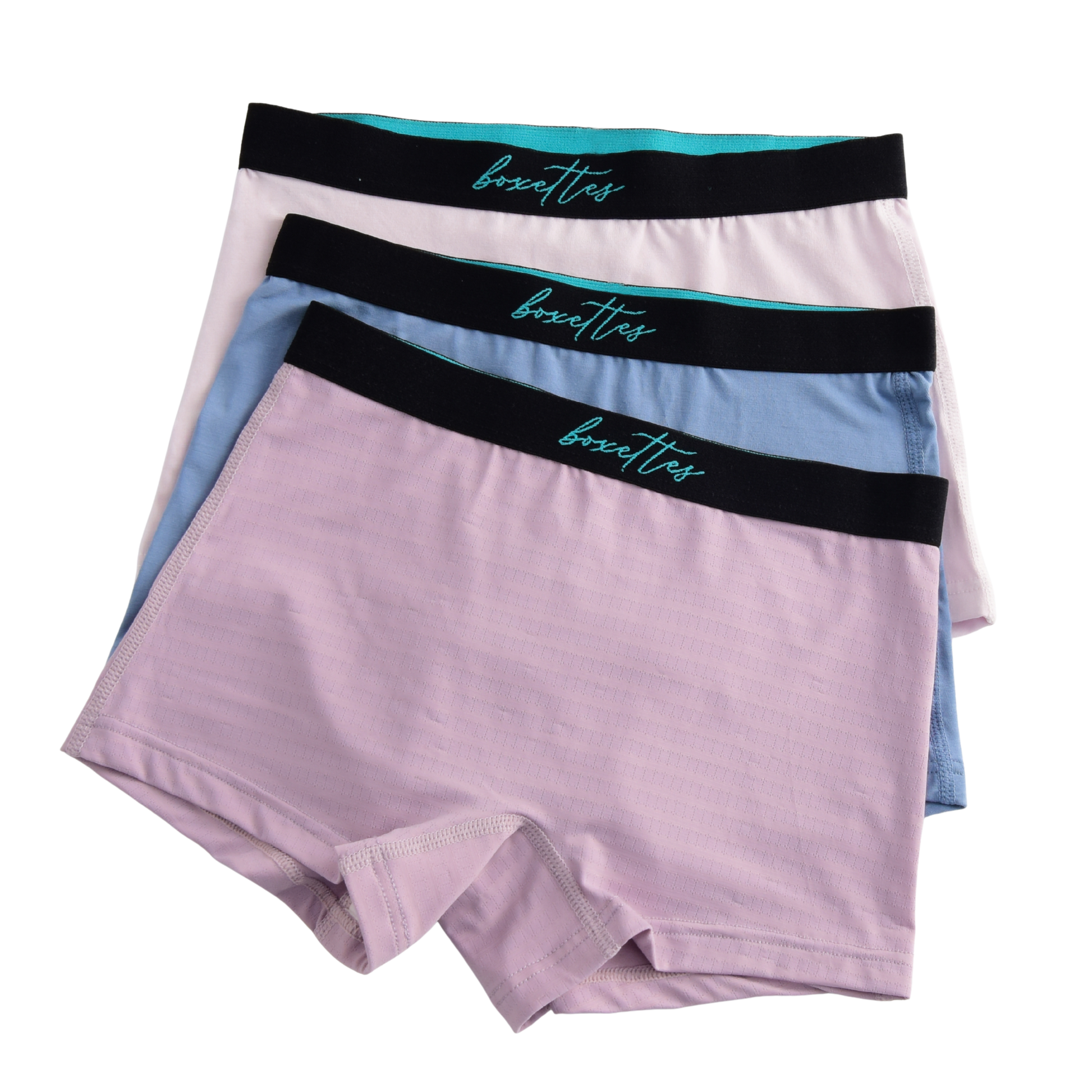 Three pairs of boxer briefs in purple, blue, and pink with black waistbands on a white background.