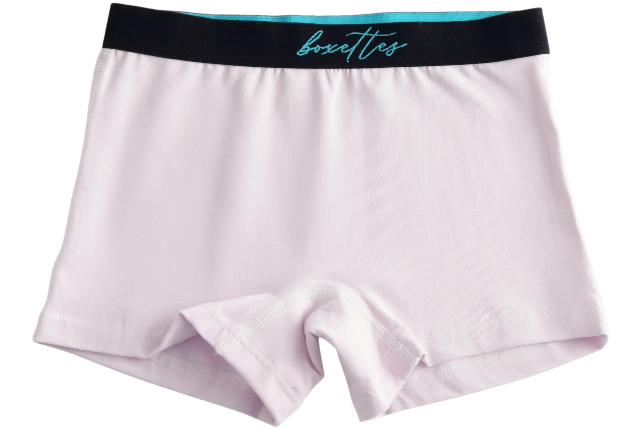 Light purple boxer briefs with a black waistband featuring 'boxettes' branding on a white background.