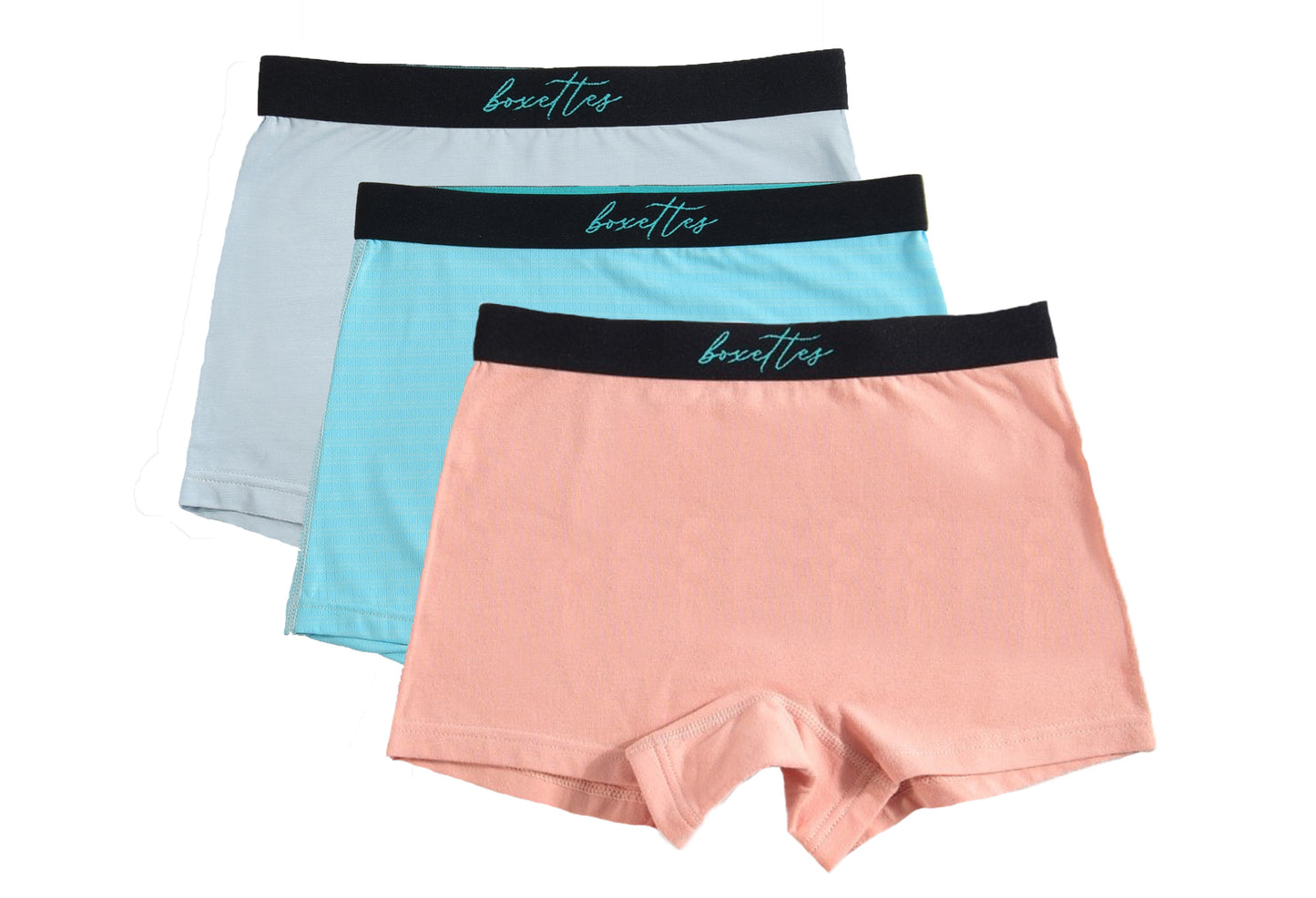 Three girls boxer briefs in pastel colors featuring soft breathable fabrics from Boxettes