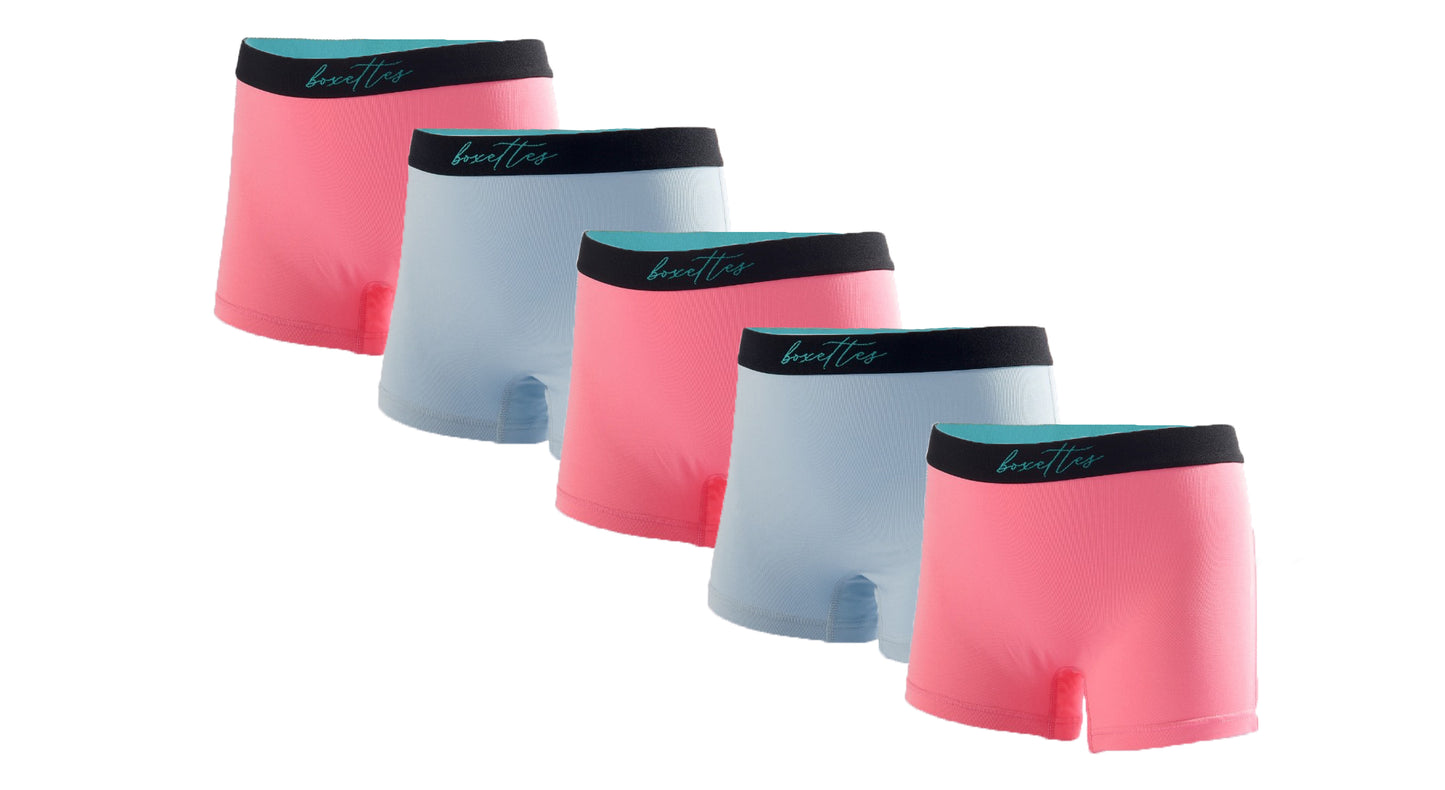 Front display of girls modal boxer briefs 5 pack in pink and blue colors by Boxettes