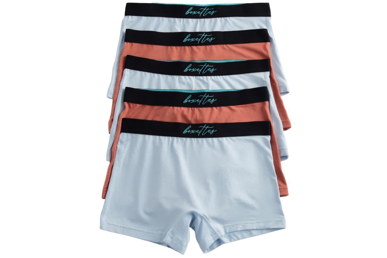 Four pairs of women's underwear with striped bands on a white background
