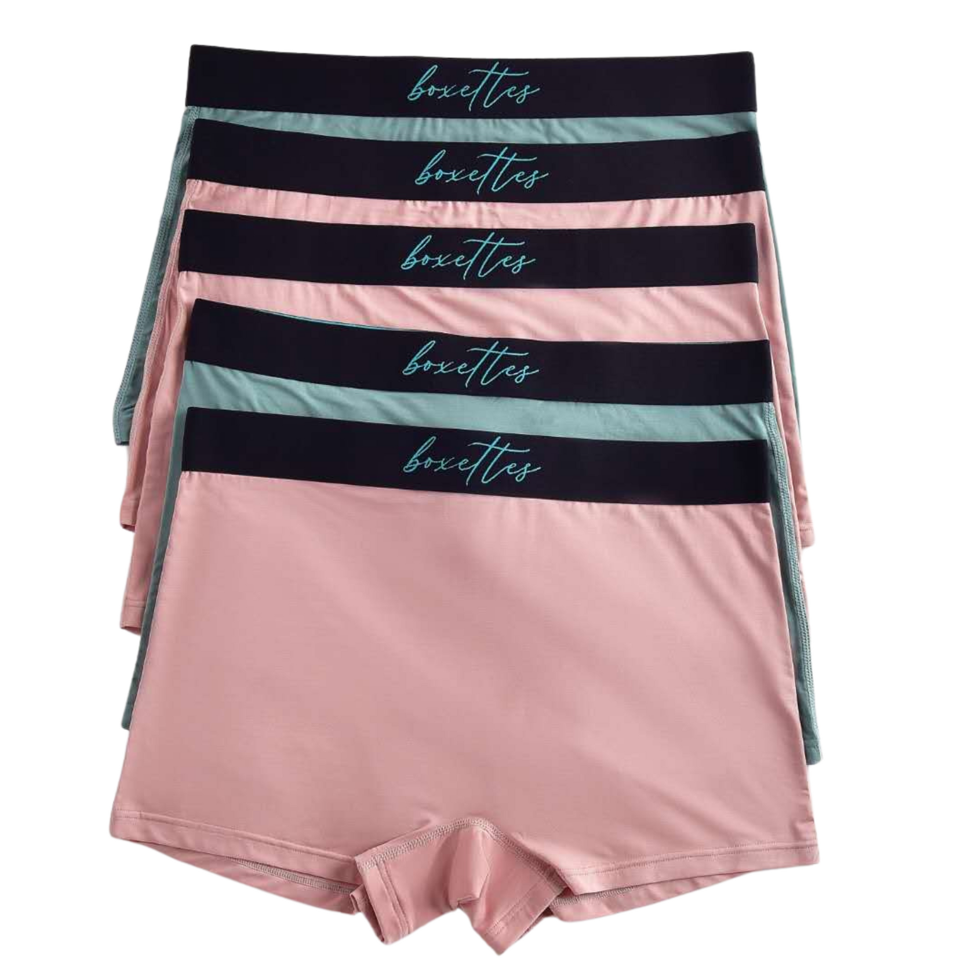 Set of pink and green boxer briefs with 'boxettes' branding on a white background