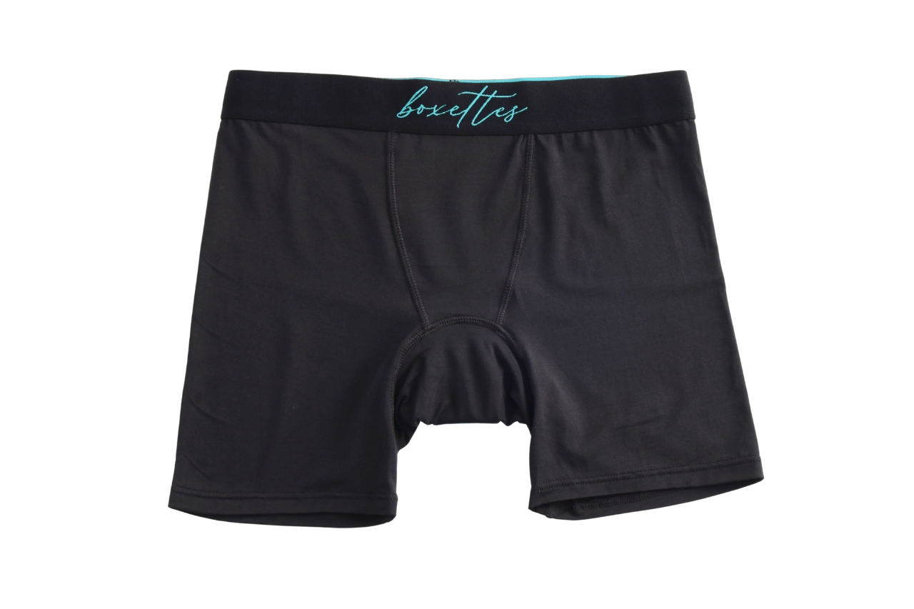 Black Period PadGrip Boxer from Boxettes showing full coverage design and comfy waistband
