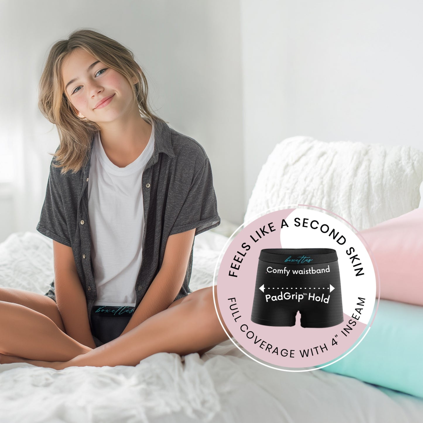 Youth model wearing Period PadGrip Boxer from Boxettes showing comfy waistband and second skin fit